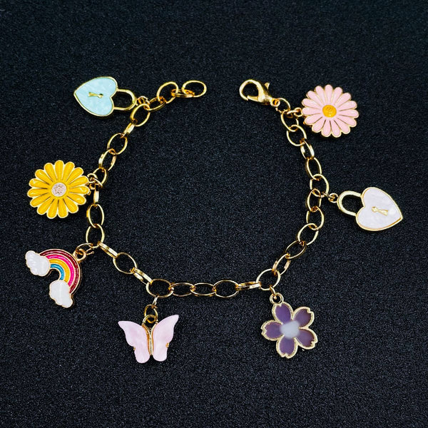 Copper Heart Daisy Enamel Gold Multicolour Charm Bracelet Bulk Main image