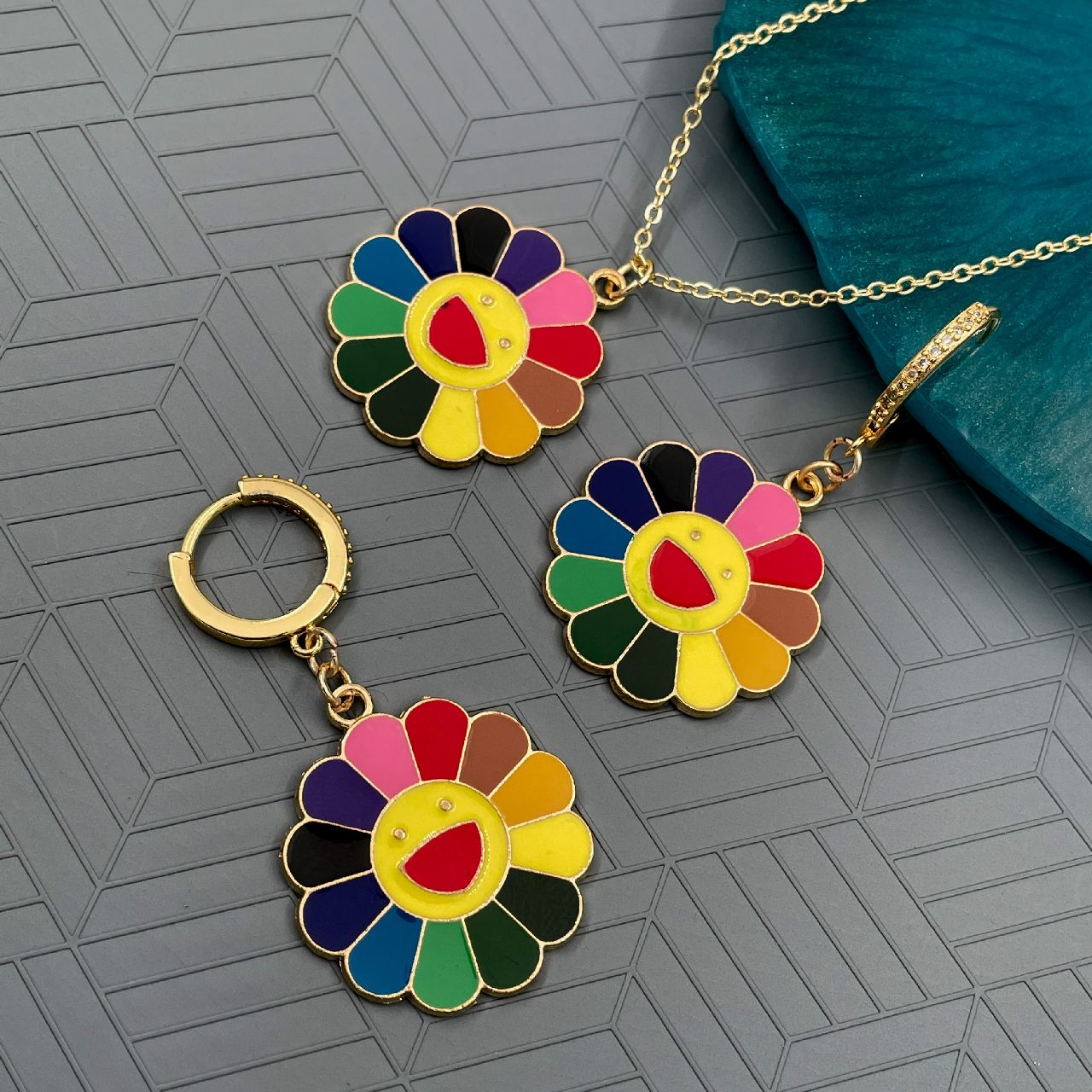 Rainbow Sunflower Brass Gold Multi Pendant Chain Earring Set Bulk