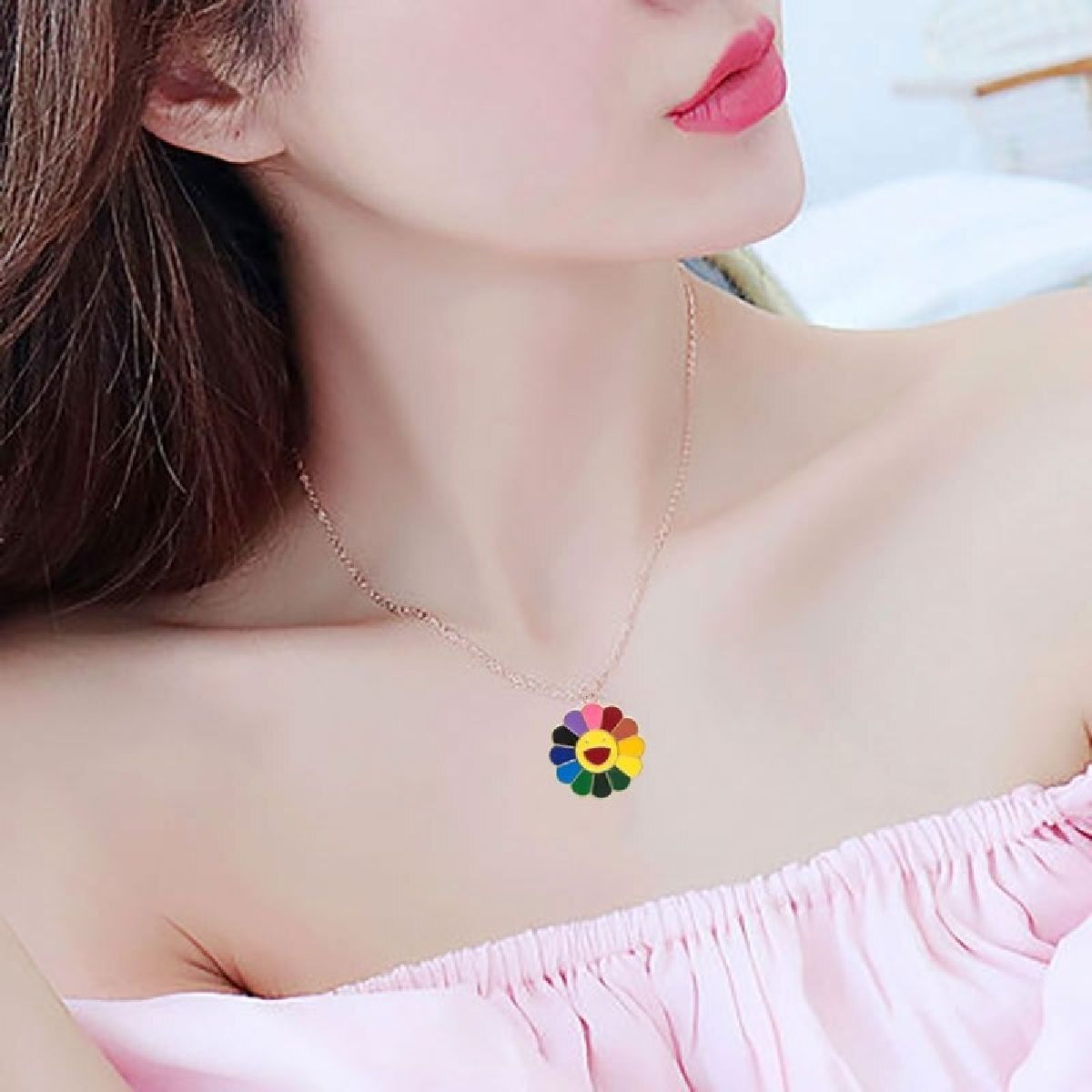 Brass With Enamel Multicolor Gold Smiley Rainbow Pendant Girls Bulk