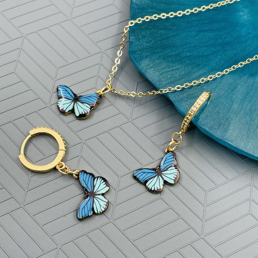 Butterfly Brass Gold White Blue Enamel Pendant Chain Earring Set Bulk