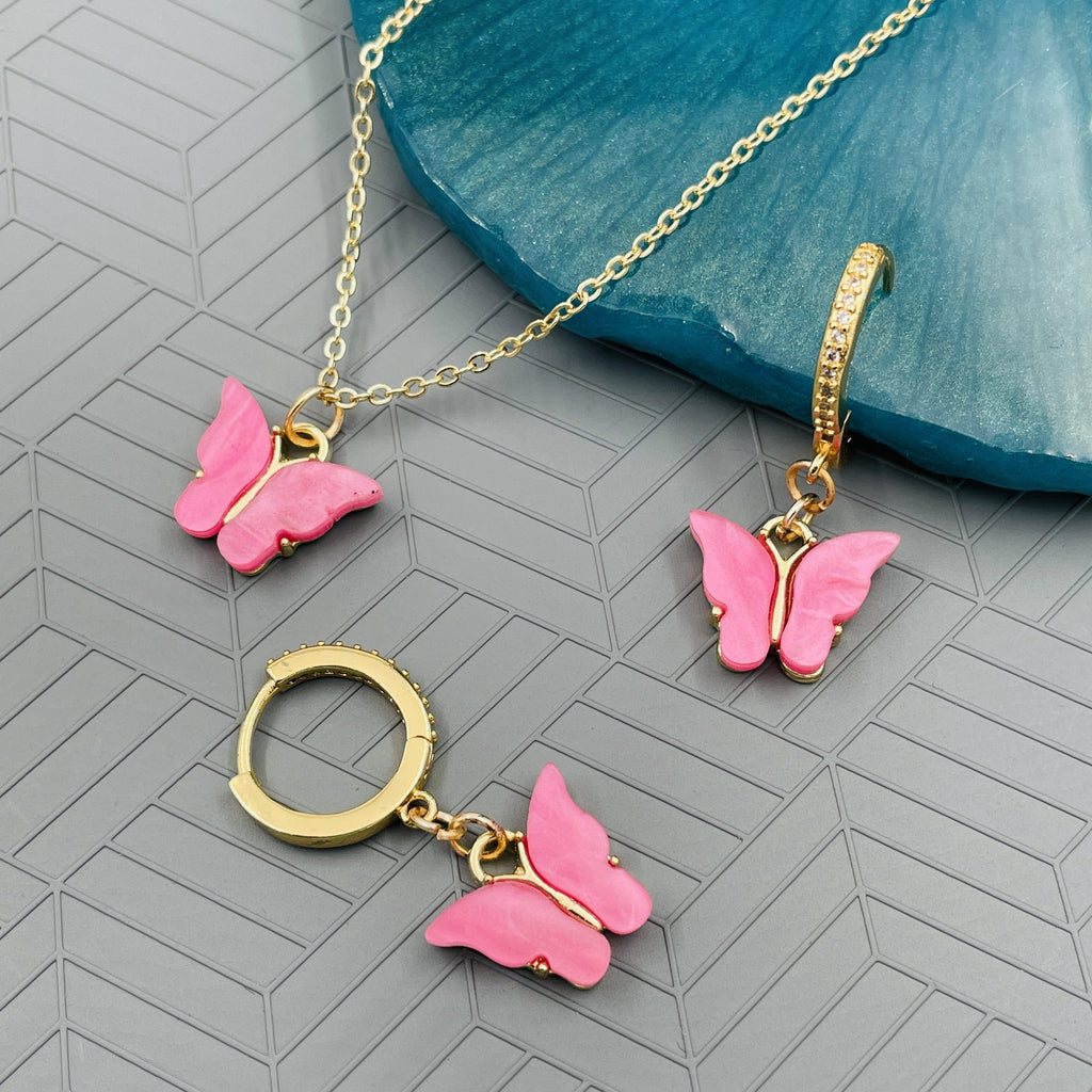 Butterfly Brass Gold Pink Enamel Pendant Chain Earring Set Women Bulk