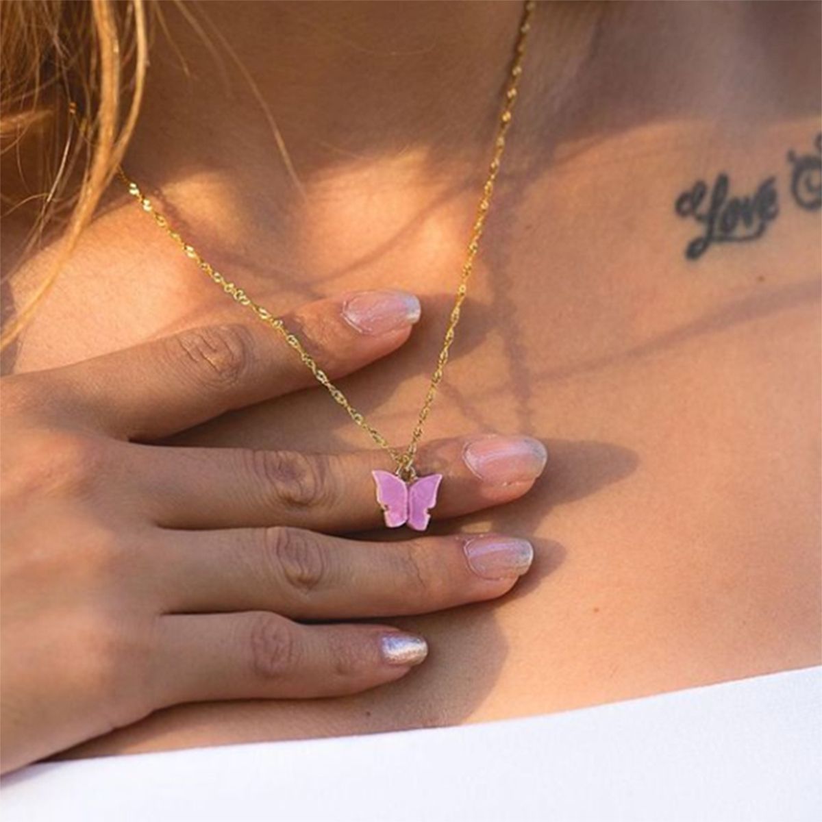 Brass With Pink Gold Butterfly Necklace Pendant Chain Women Girls