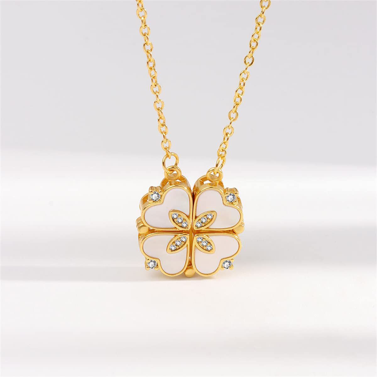 Clover Stainless Steel Cubic Zirconia Magnet Openable Necklace Pendant Chain Women Gold White Main image