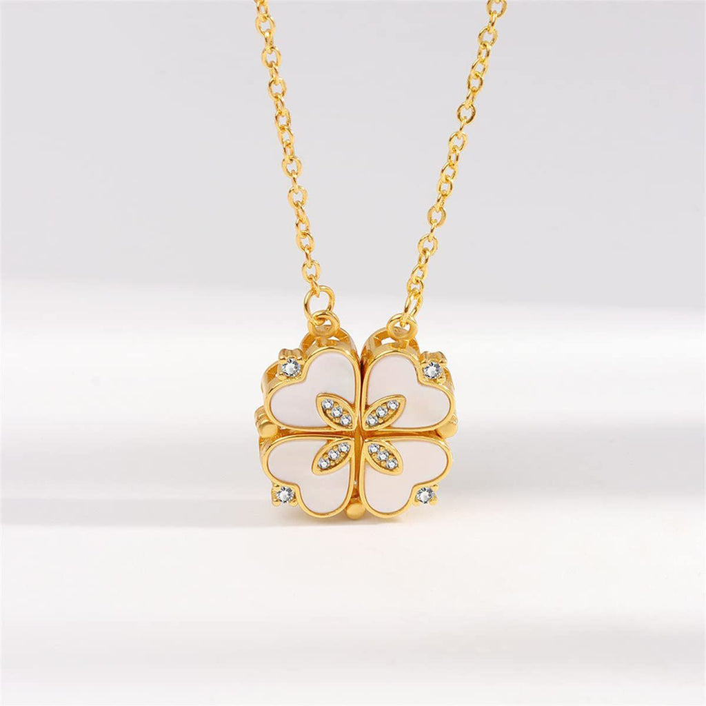 Clover Stainless Steel Cubic Zirconia Magnet Openable Necklace Pendant Chain Women Gold White