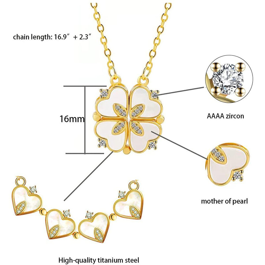 Clover Stainless Steel Cubic Zirconia Magnet Openable Necklace Pendant Chain Women Gold White