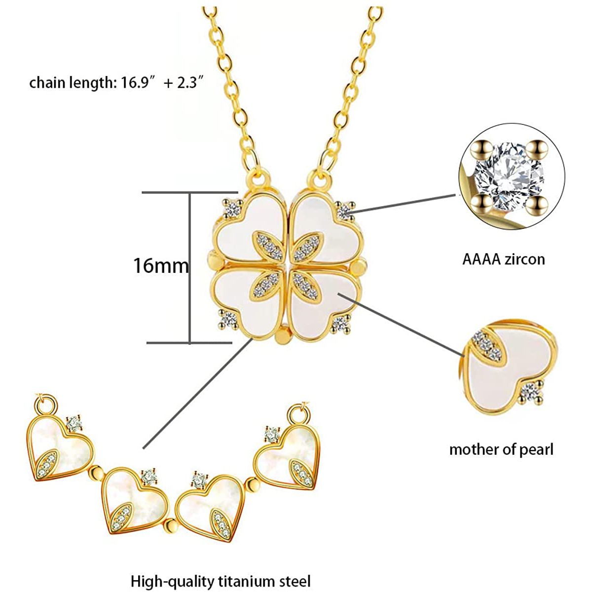 Clover Stainless Steel Cubic Zirconia Magnet Openable Necklace Pendant Chain Women Gold White