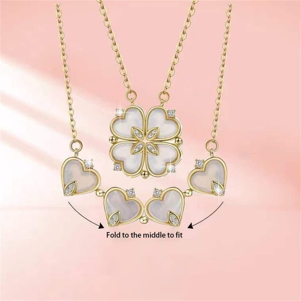 Clover Stainless Steel Cubic Zirconia Magnet Openable Necklace Pendant Chain Women Gold White
