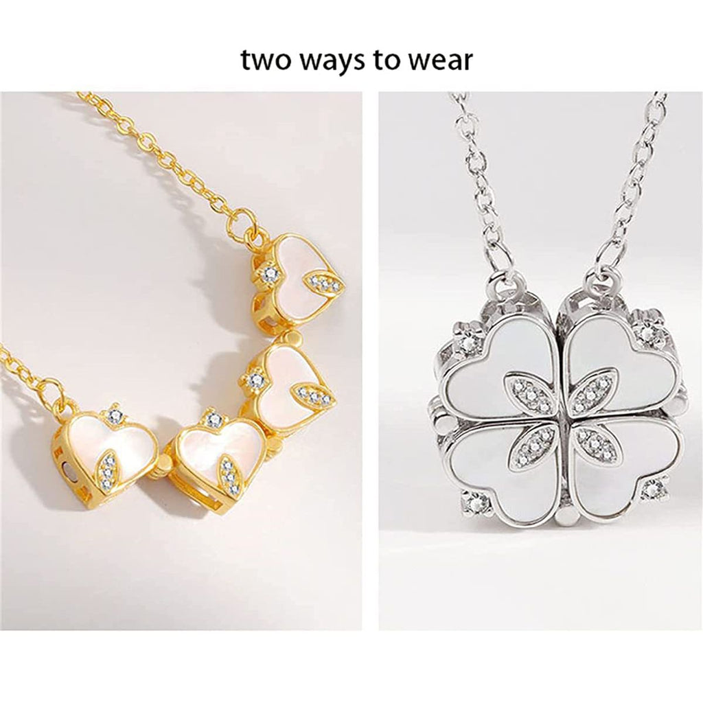 Clover Stainless Steel Cubic Zirconia Magnet Openable Necklace Pendant Chain Women Gold White