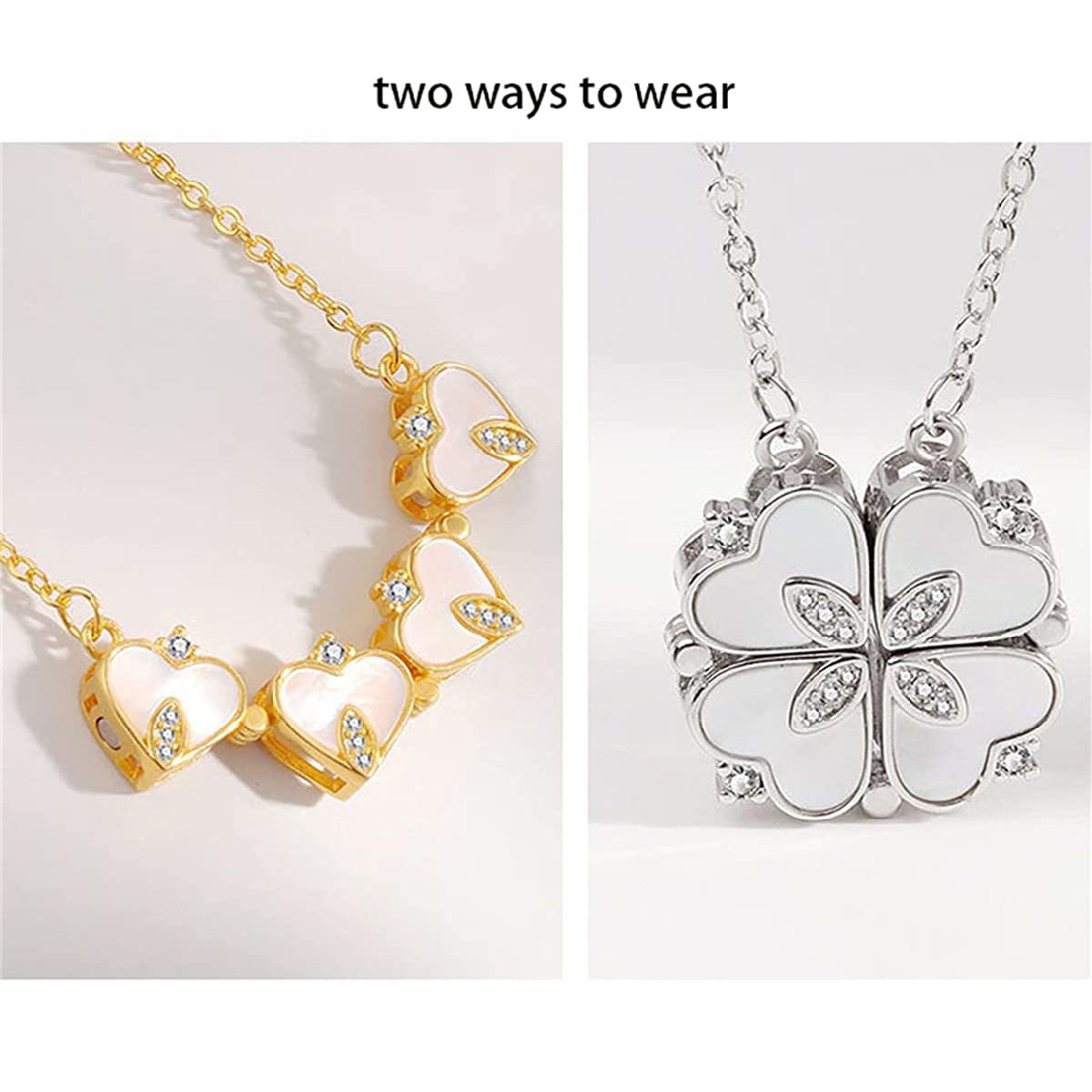 Clover Stainless Steel Cubic Zirconia Magnet Openable Necklace Pendant Chain Women Gold White