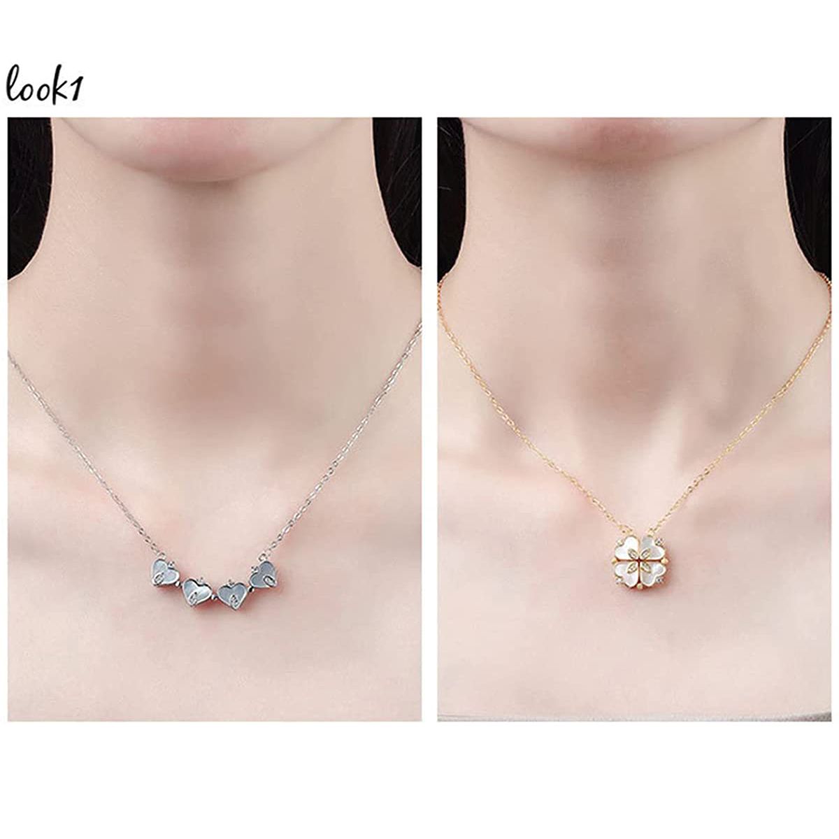 Clover Stainless Steel Cubic Zirconia Magnet Openable Necklace Pendant Chain Women Gold White