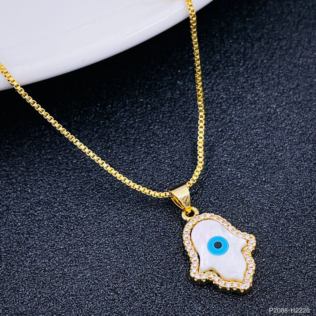Copper CZ Gold Blue Evil Eye Hamsa Necklace Pendant Chain Bulk