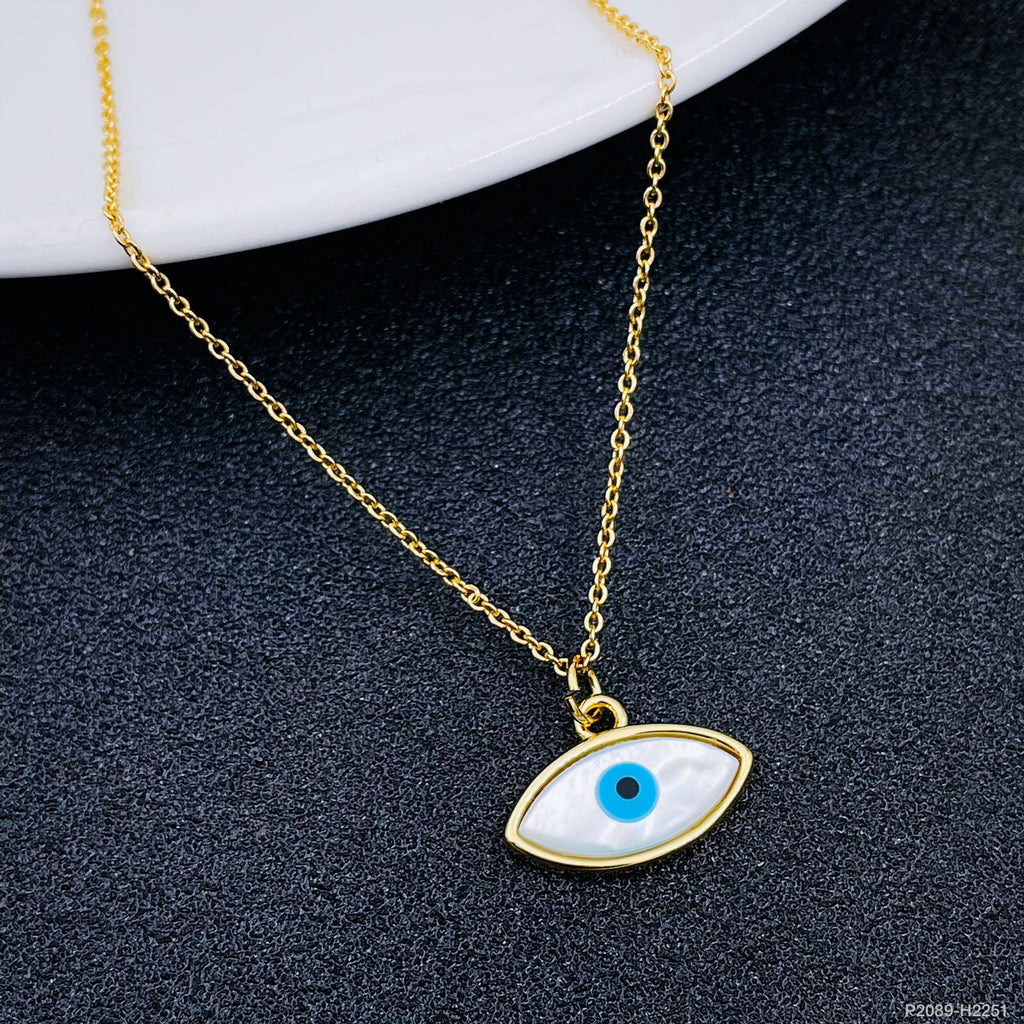 Mother Of Perl Gold Blue Evil Eye Oval Necklace Pendant Chain Bulk