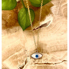 Mother Of Perl Gold Blue Evil Eye Oval Necklace Pendant Chain Bulk