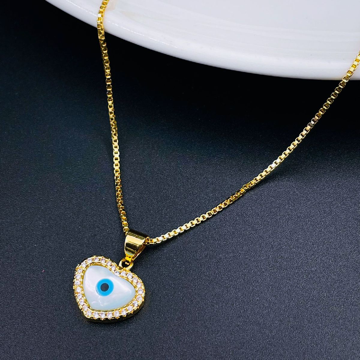 Copper Mother Of Pearl Gold Heart Evil Eye Necklace Pendant Women Bulk Main image