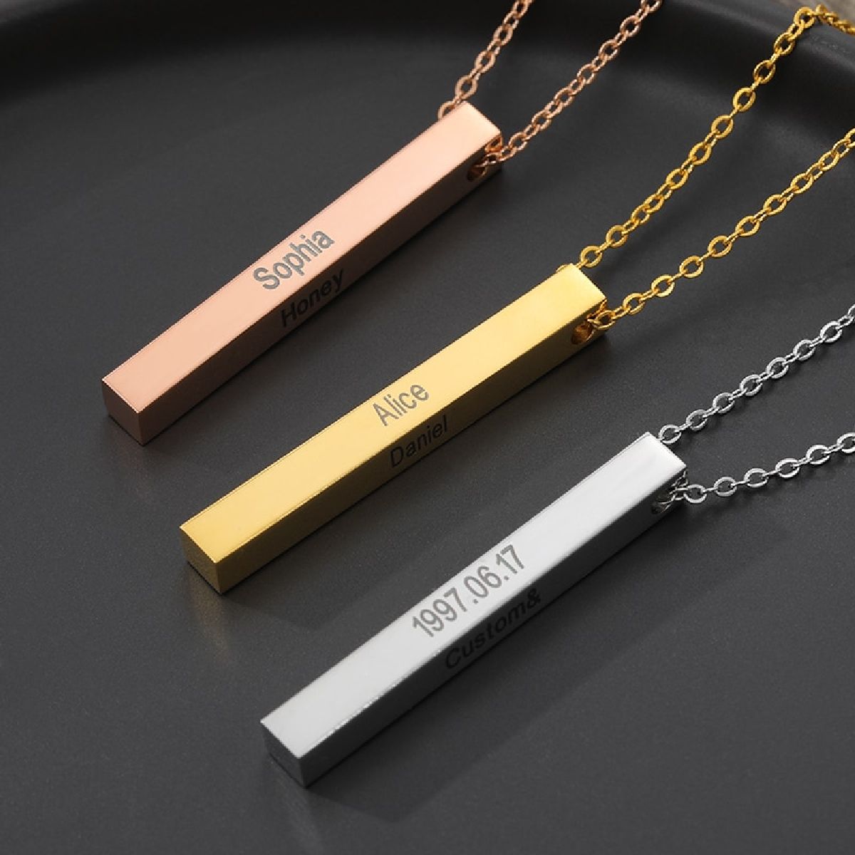 Stainless Steel Personalized Engraved Letter All Side Necklace Pendant Chain Unisex