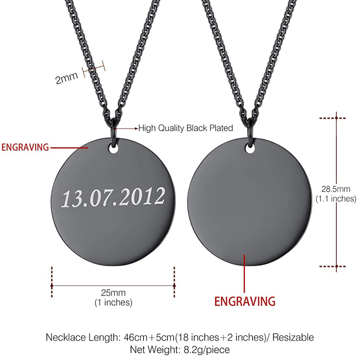 Stainless Steel Round Dog Tag Personalized Engraved Letter Necklace Pendant Chain Unisex
