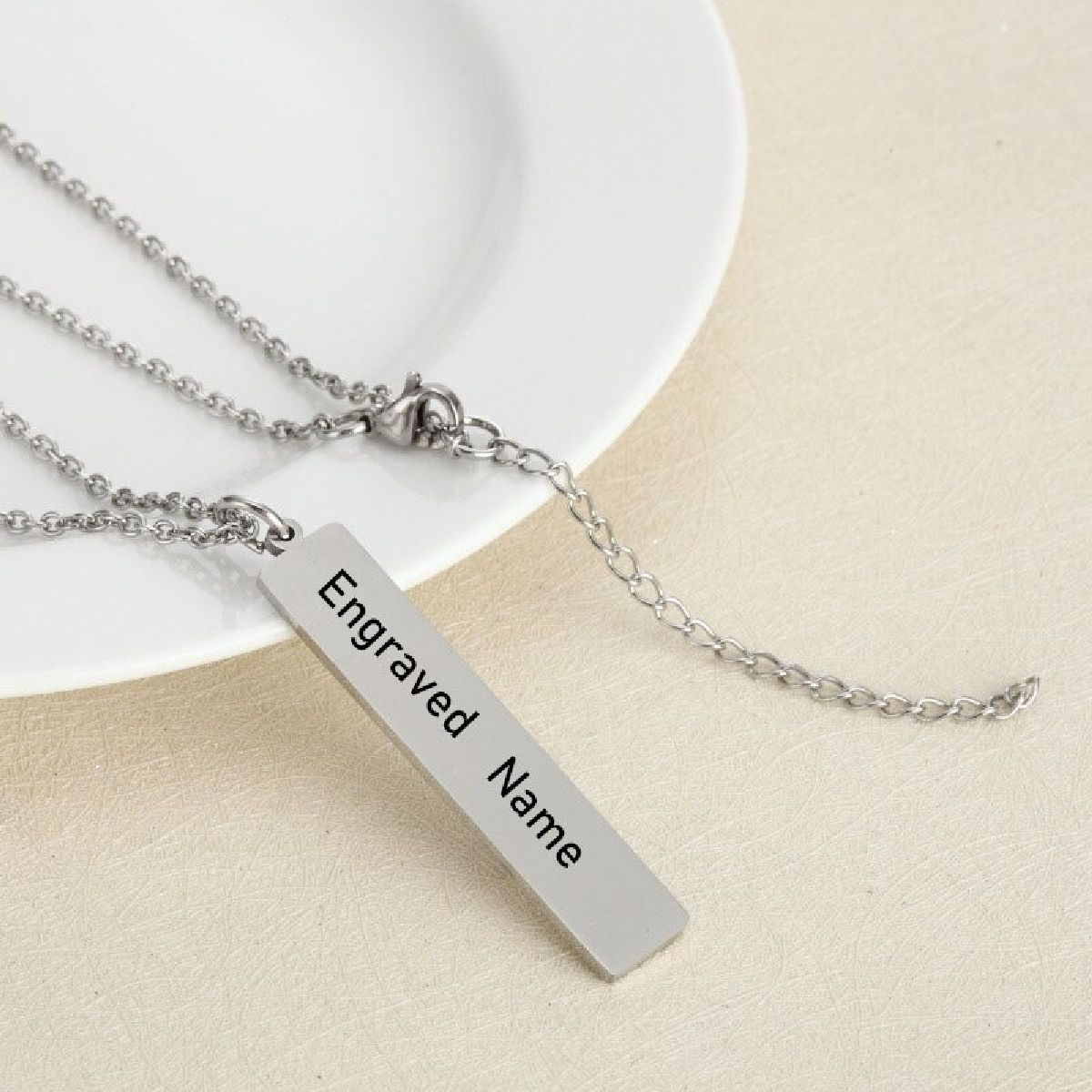 Rectangular Vertical Dogtag Stainless Steel Personalized Engraved Letter Necklace Pendant Chain Women