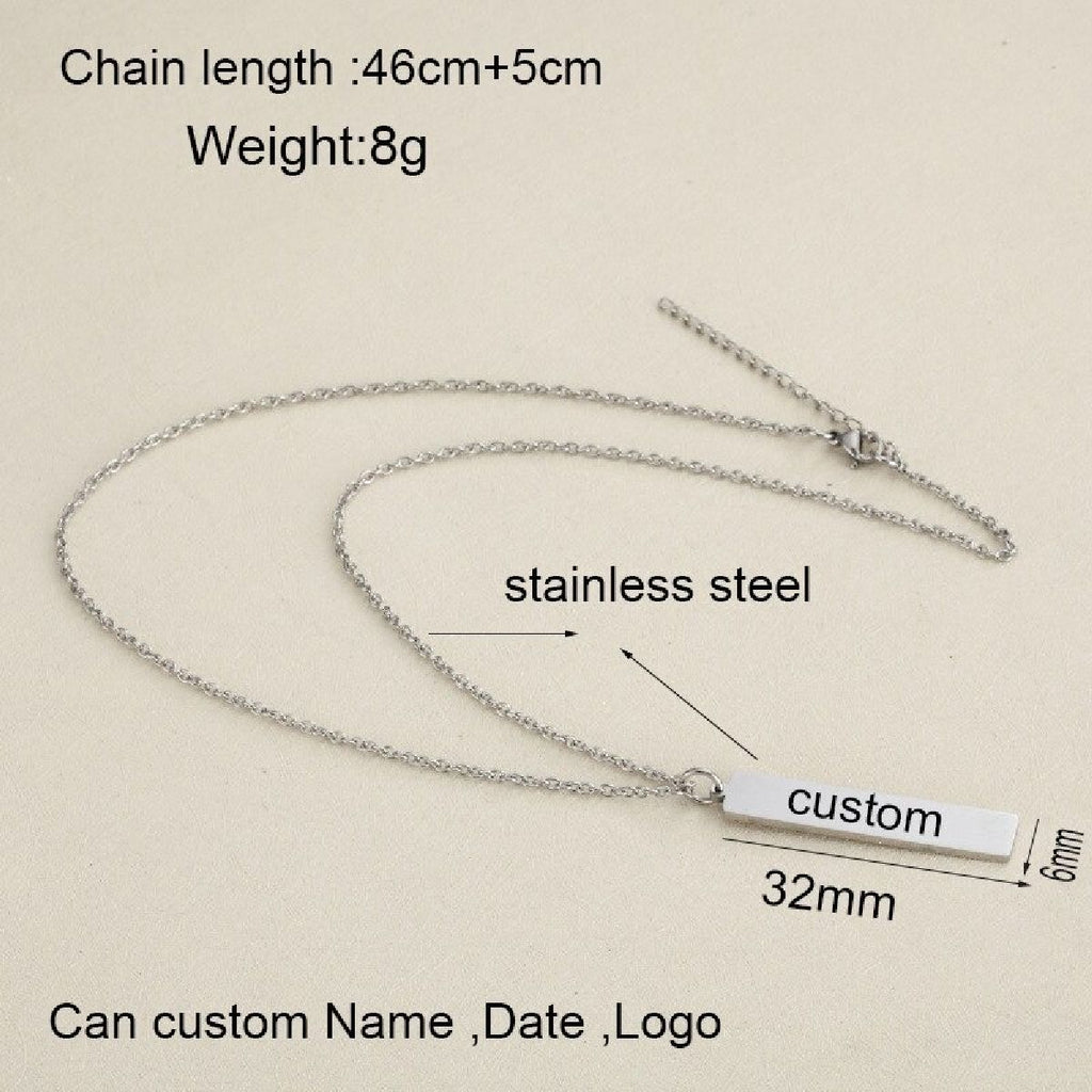 Rectangular Vertical Dogtag Stainless Steel Personalized Engraved Letter Necklace Pendant Chain Women
