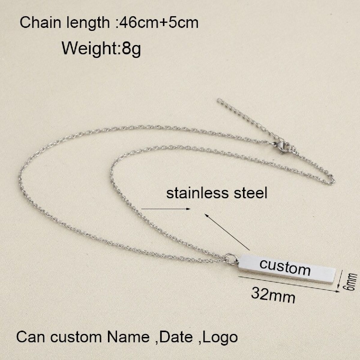 Rectangular Vertical Dogtag Stainless Steel Personalized Engraved Letter Necklace Pendant Chain Women