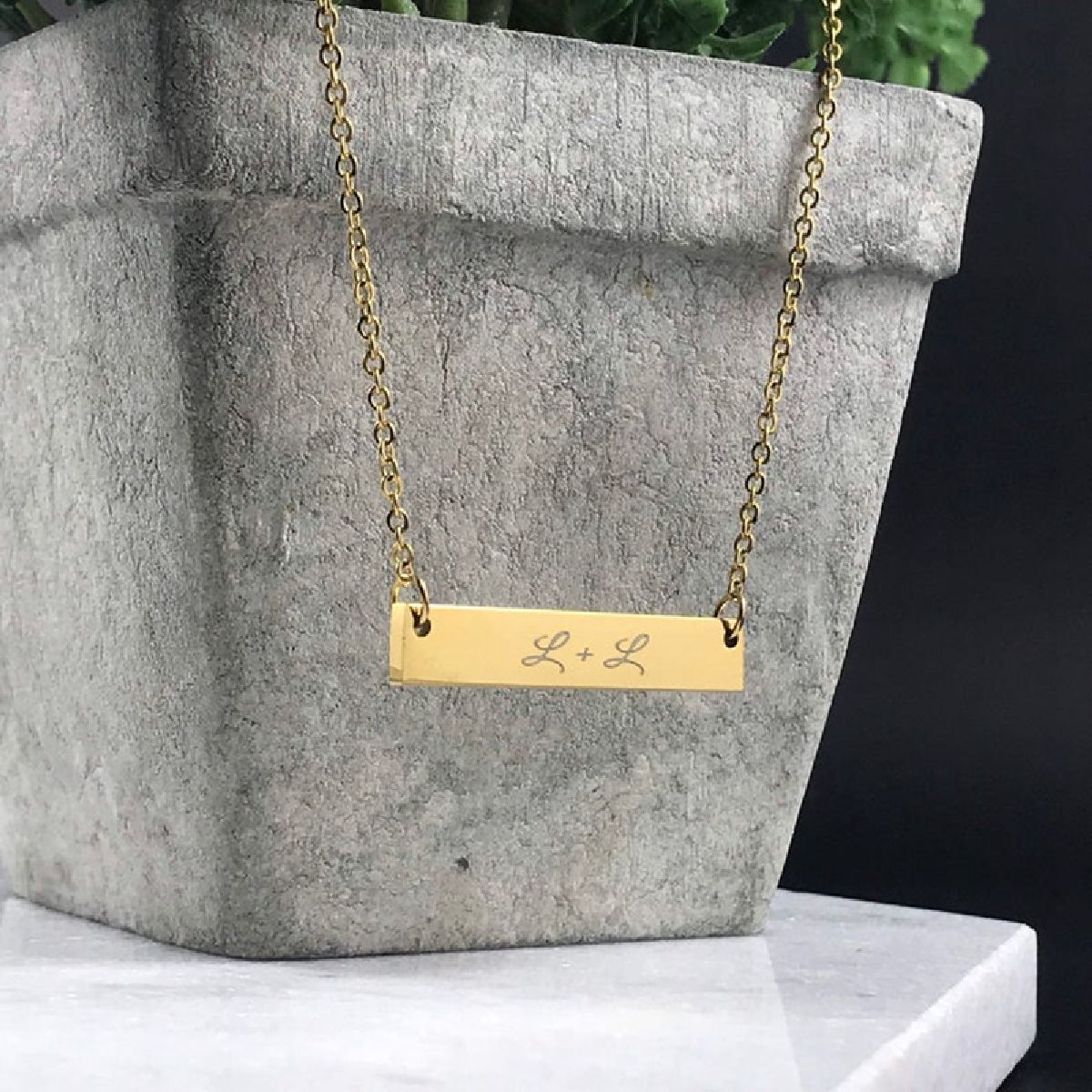 Rectangular Stainless Steel Personalized Engraved Letter Necklace Pendant Chain Women