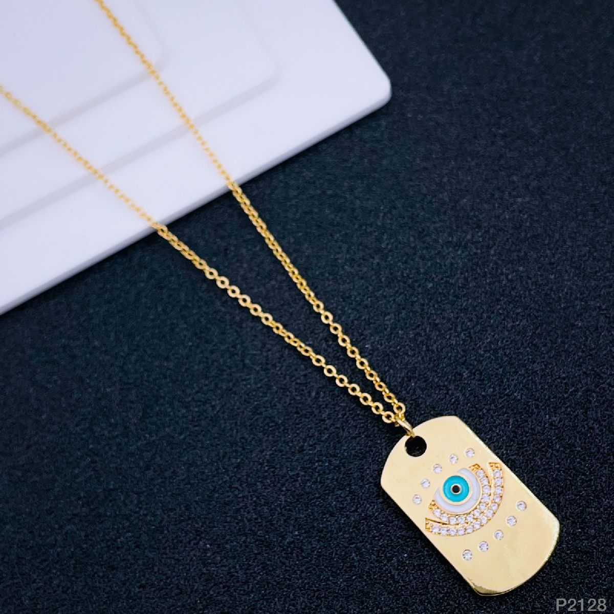 Dog Tag Evil Eye Copper Cubic Zirconia Gold Blue Pendant Chain Bulk