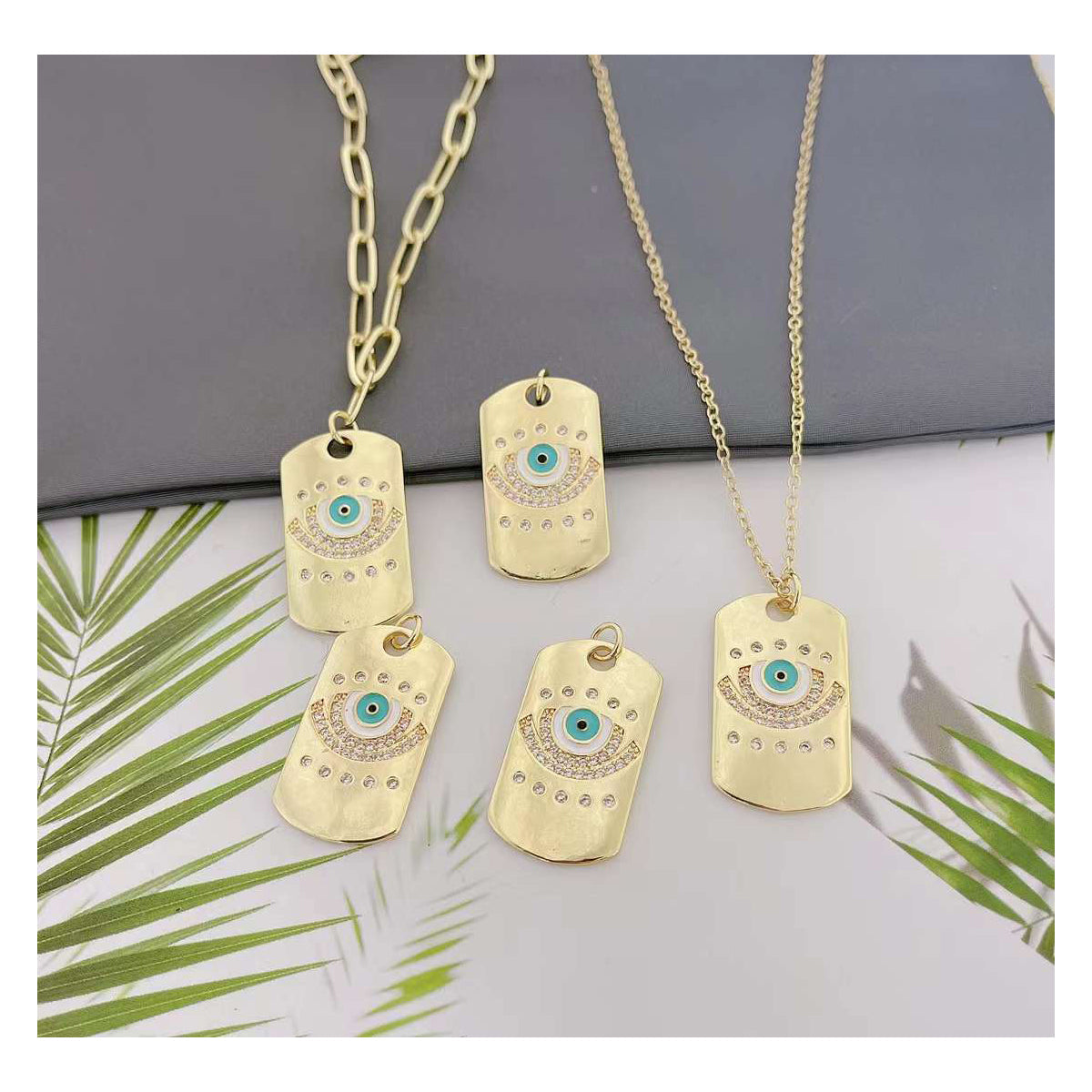 Evil Eye Dog Tag 18K Gold Cubic Zirconia Copper Pendant for Women