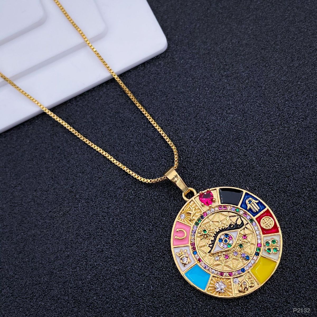 Rainbow Evil Eye Medallion Copper CZ Enamel Gold Pendant Chain Bulk Main image