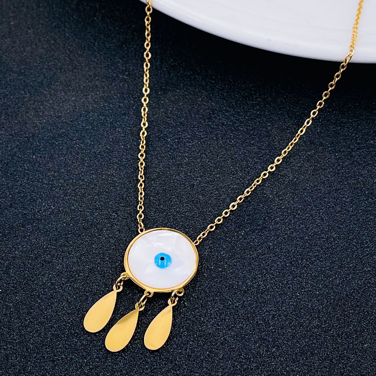 Copper Mother Of Pearl Gold White Round Evil Eye Pendant Chain Bulk