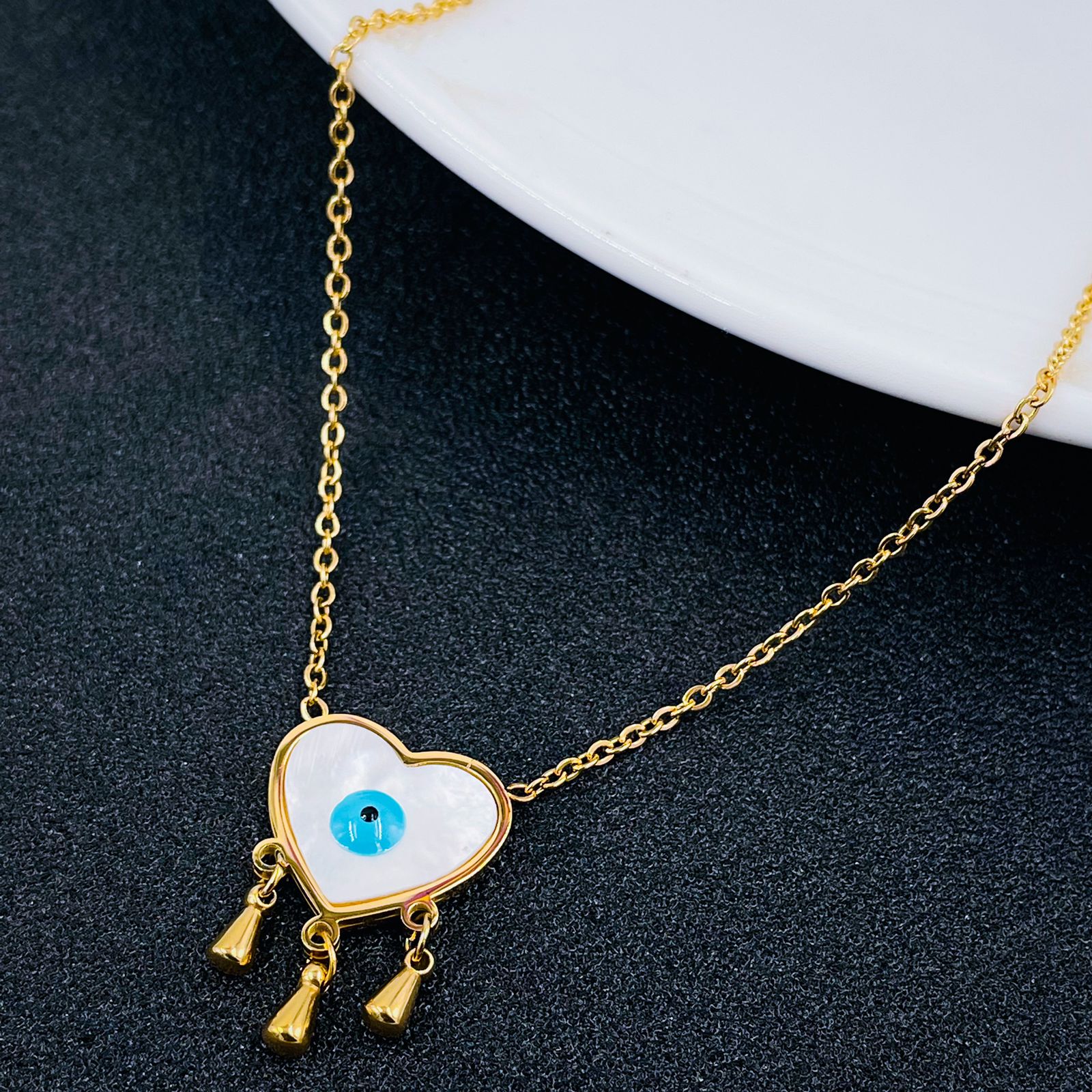 Copper Mother Of Pearl Gold White Heart Evil Eye Pendant Chain Bulk