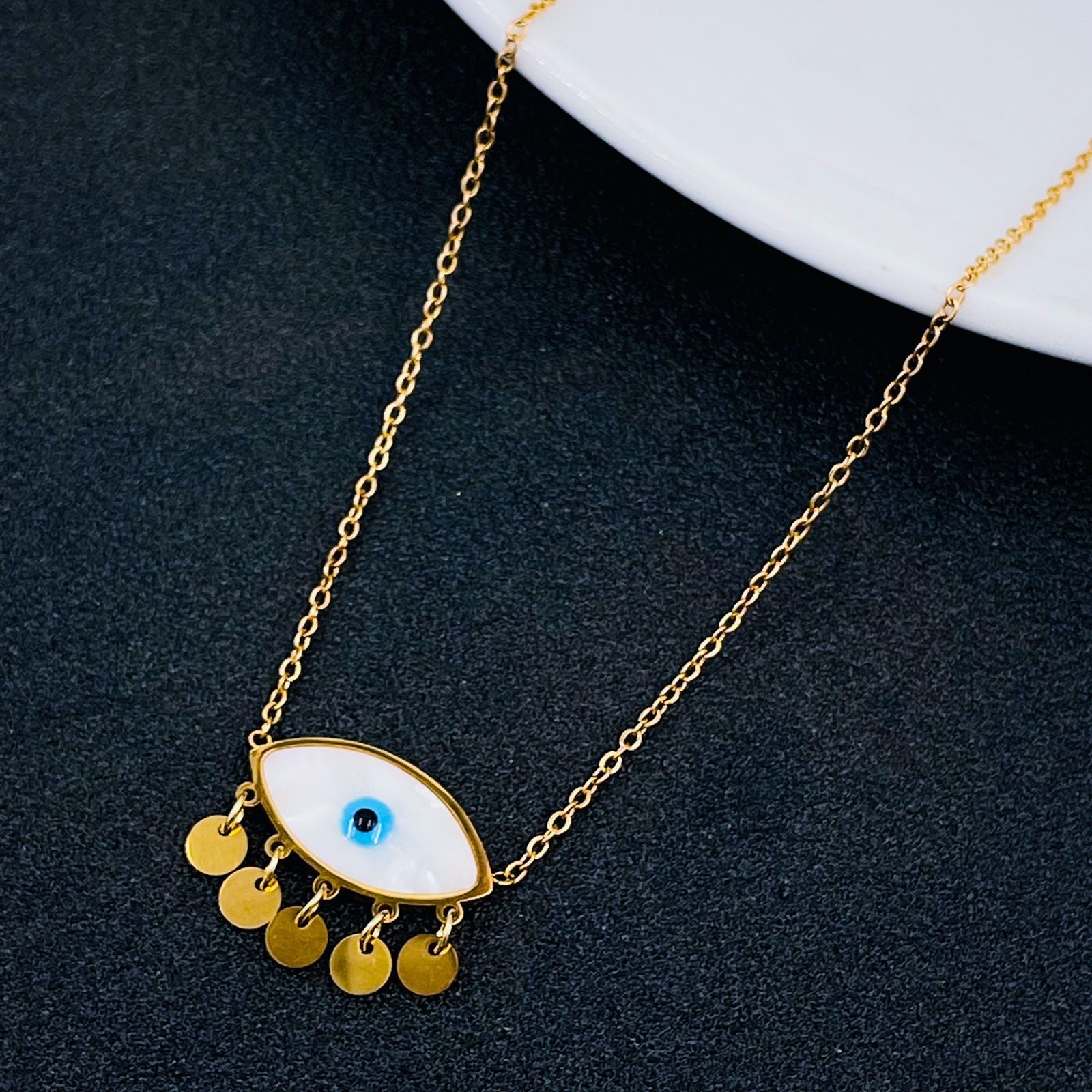 Copper Mother Of Pearl White Gold Oval Evil Eye Pendant Chain Bulk Main image