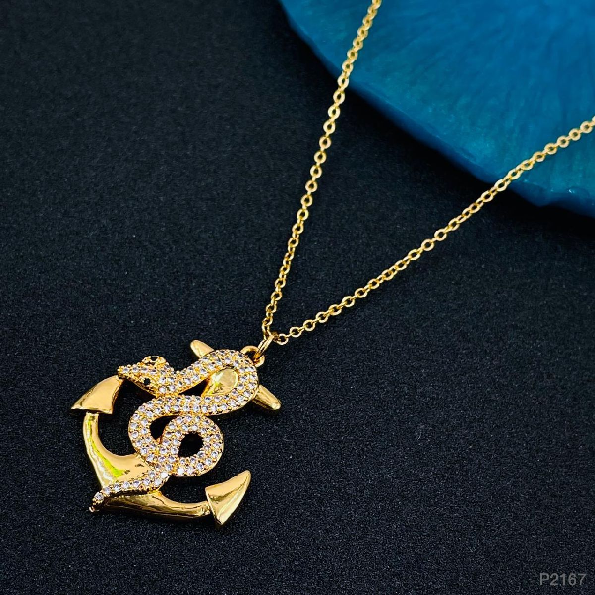 Snake Anchor Cubic Zirconia Copper Gold Necklace Pendant Chain Bulk