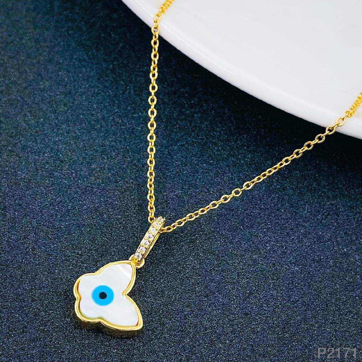 Evil Eye Clover Mother Of Pearl 18K Gold Necklace Pendant Women Bulk