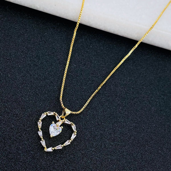 Copper Baguette Cubic Zirconia Gold Heart Necklace Pendant Chain Bulk Main image