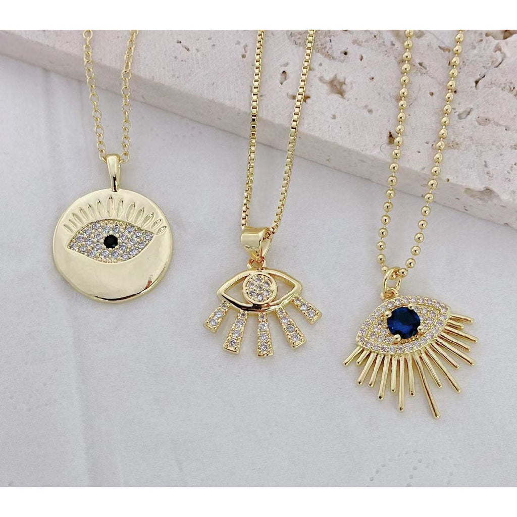 Evil Eye Glossy Medallion 18K Gold Copper Pendant Chain for Women