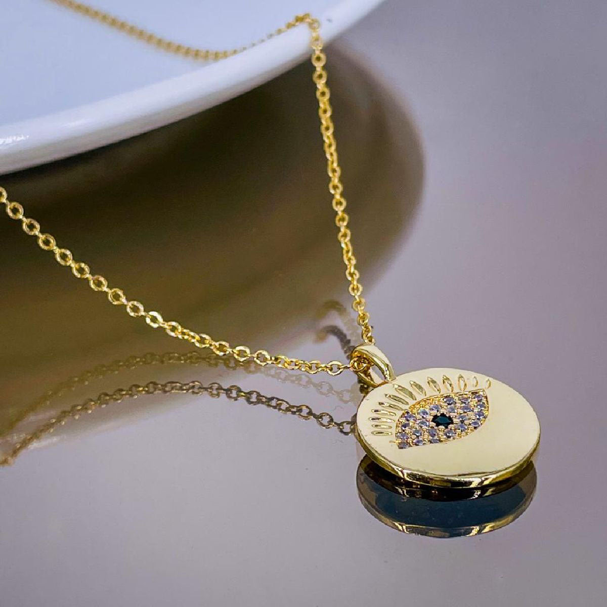 Evil Eye Glossy Medallion 18K Gold Copper Pendant Chain for Women Main image