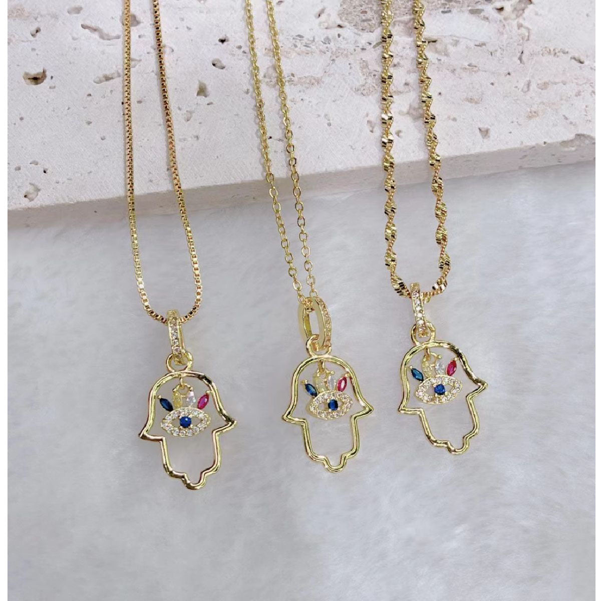 Eyelash Evil Eye Hamsa 18K Gold Copper Necklace Pendant Chain Bulk Secondary image