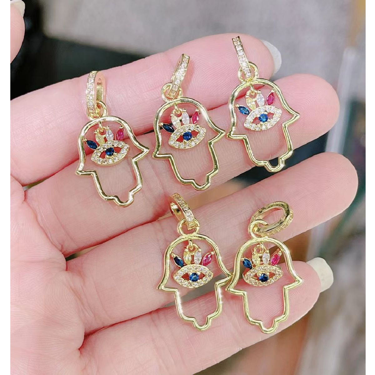 Eyelash Evil Eye Hamsa 18K Gold Copper Necklace Pendant Chain Bulk