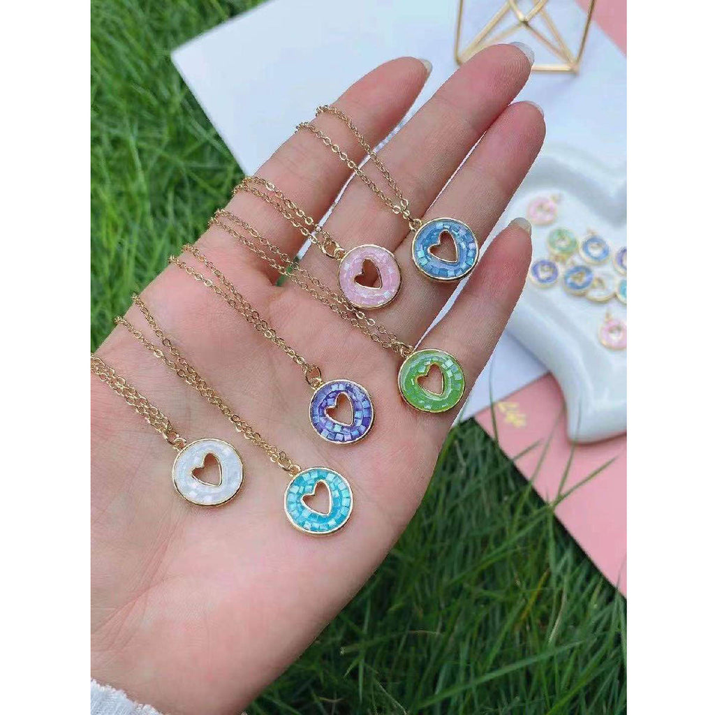 Heart Love Ink Blue Mother Of Pearl 18K Gold Copper Pendant Chain Bulk