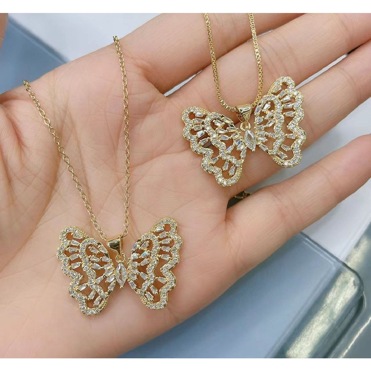 Butterfly Baguette Cubic Zirconia 18K Gold Copper Pendant Chain Bulk