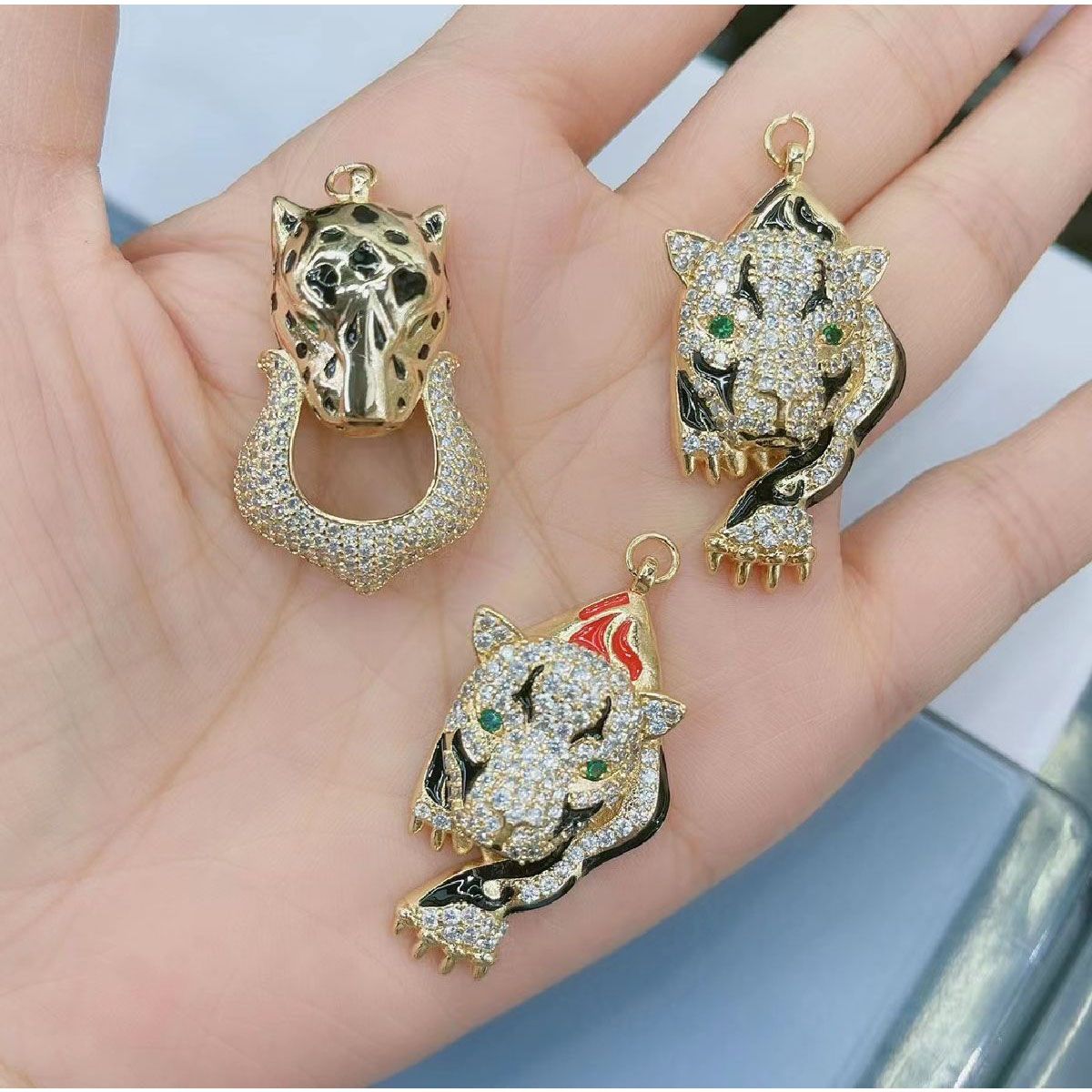 Tiger Cub Black Green Eye Cubic Zirconia 18K Gold Pendant Chain Bulk