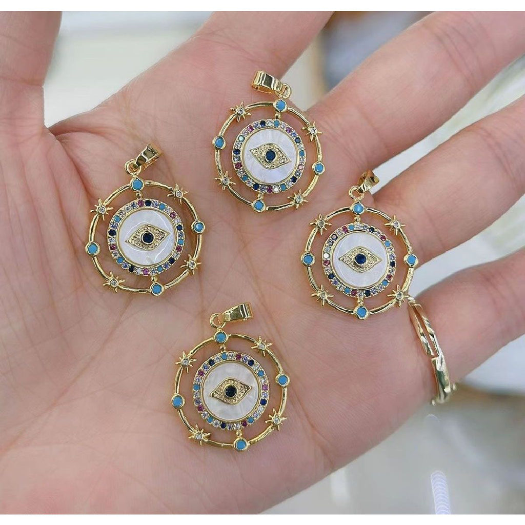 Evil Eye Mother Of Pearl 18K Gold Medallion Pendant Chain Women Bulk