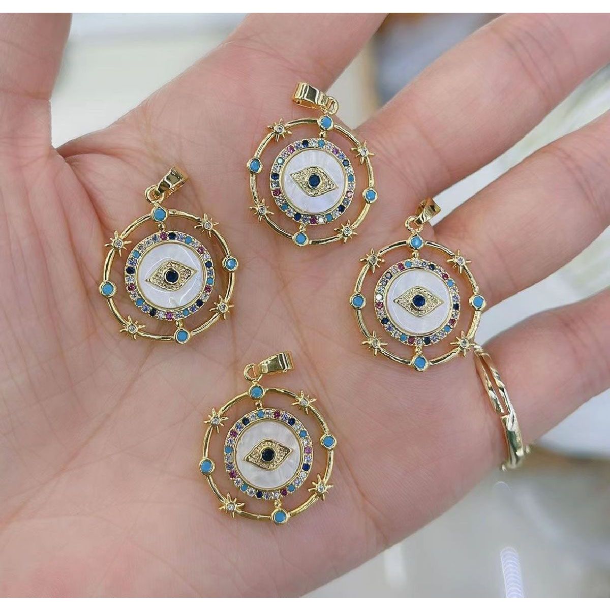 Evil Eye Mother Of Pearl 18K Gold Medallion Pendant Chain Women Bulk