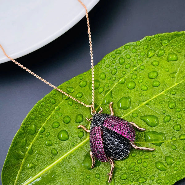 Lady Bird Insect Purple Black Studded 18K Rose Gold Pendant Chain Bulk Main image