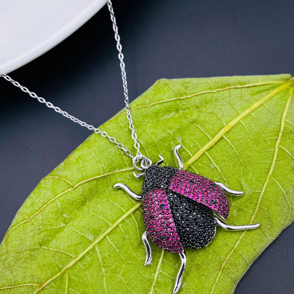 Lady Bird Insect Pink Black Studded Silver Pendant Chain Women Bulk