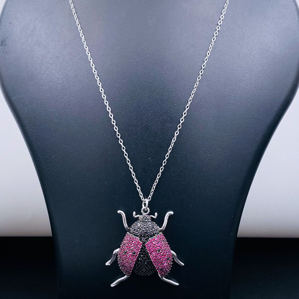 Lady Bird Insect Pink Black Studded Silver Pendant Chain Women Bulk