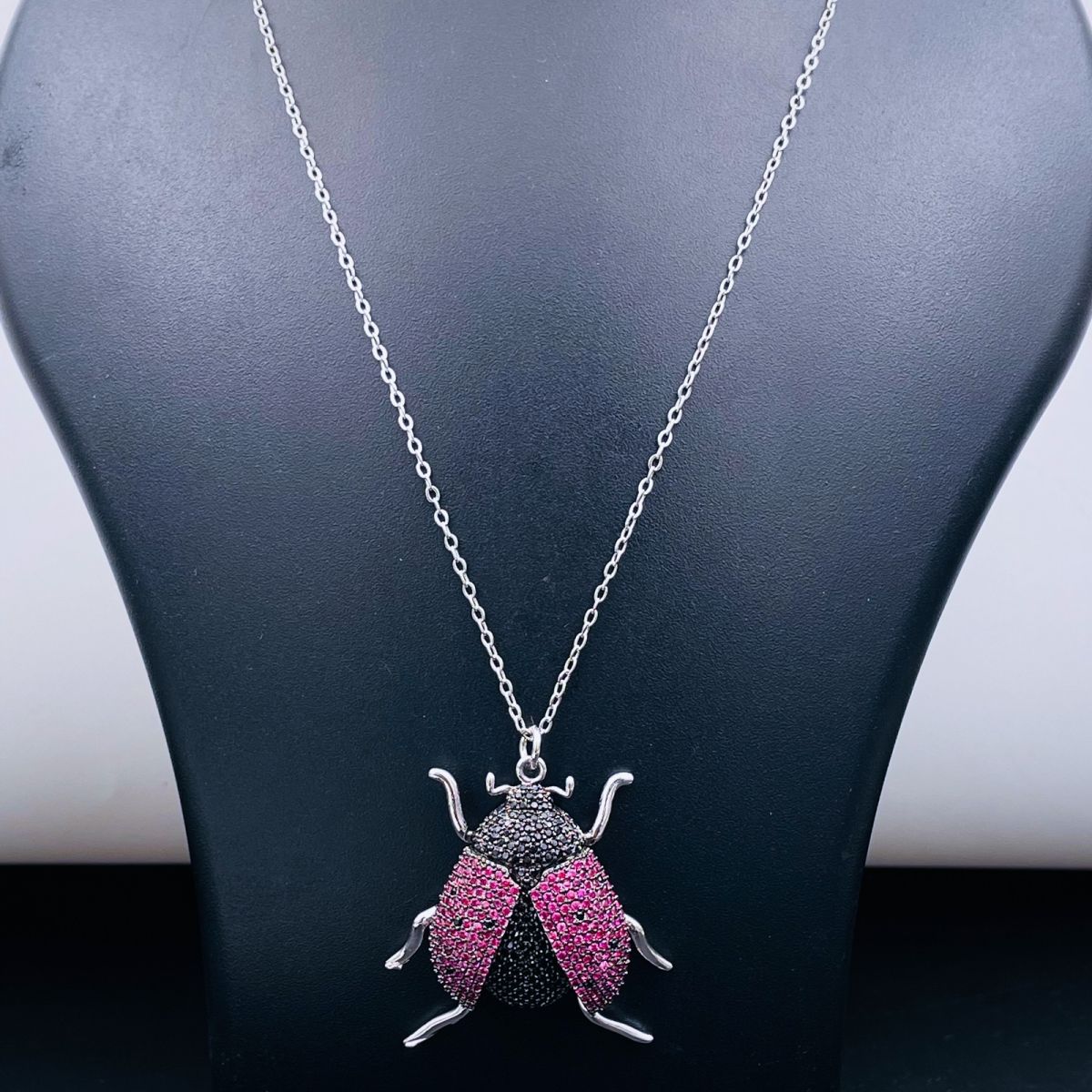Lady Bird Insect Pink Black Studded Silver Pendant Chain Women Bulk