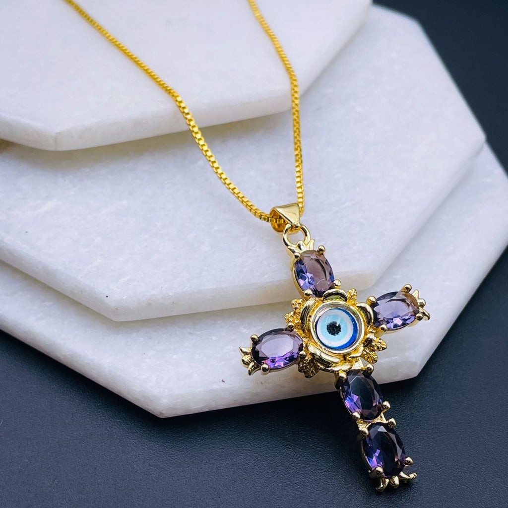 Amethyst Purple Evil Eye Cross Jesus CZ Gold Copper Pendant Chain Bulk