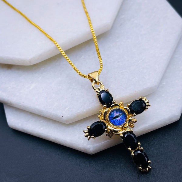Black Sapphire Blue Evil Eye Cross Jesus CZ Gold Pendant Chain Bulk Main image