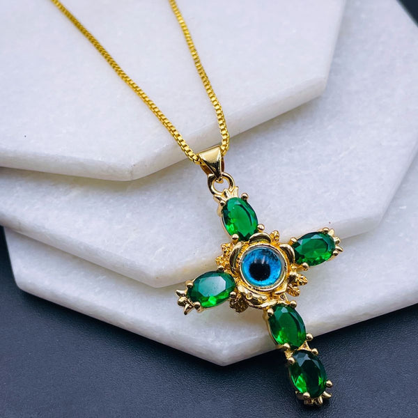 Emerald Green Evil Eye Cross Jesus CZ Gold Copper Pendant Chain Bulk Main image