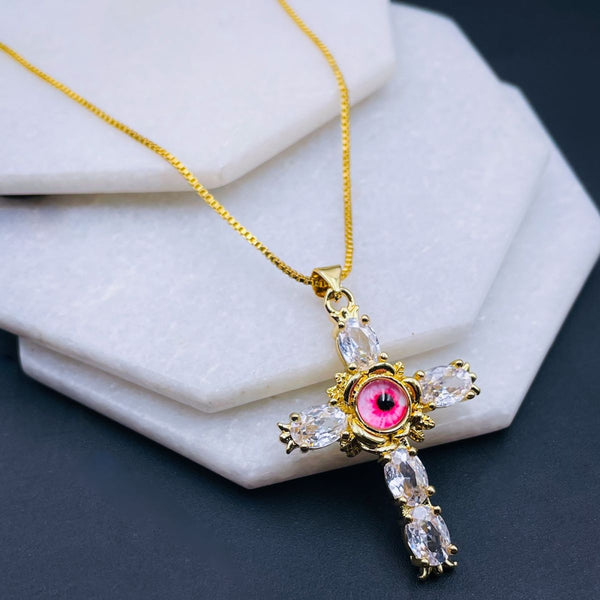 White Evil Eye Cross Jesus CZ 18K Gold Copper Pendant Chain Bulk Main image